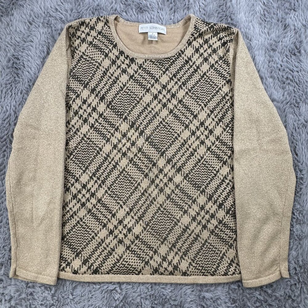 Petite Sophisticate Womens M Plaid Beige Black Gold Long Sleeve Sweater Top